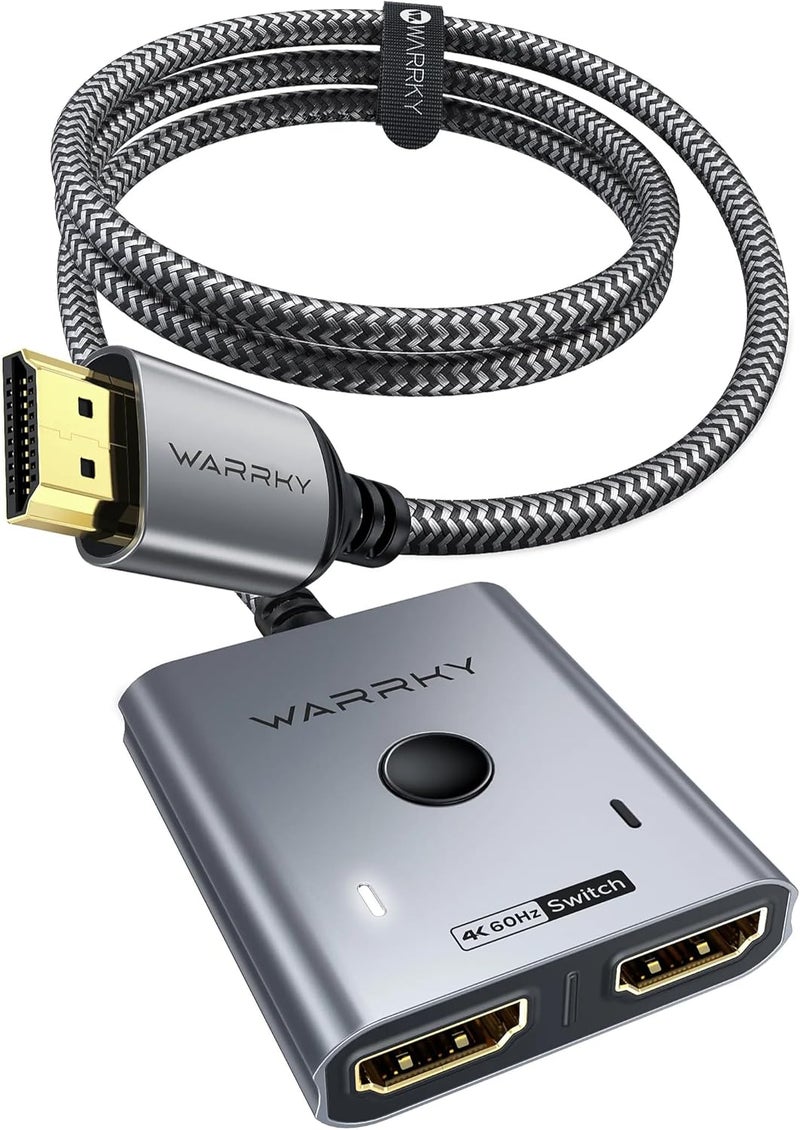 Warrky مفتاح HDMI 2 في 1 مخرج 4K@60Hz، [مع كابل HDMI مضفر ثابت بطول 3.3 قدم، هيكل من الألمنيوم، 2K@144Hz، HDCP 2.2] مفتاح ثنائي الاتجاه 2x1 متوافق مع PS5/4، Xbox، Roku، FireStick، Switch - Image 1